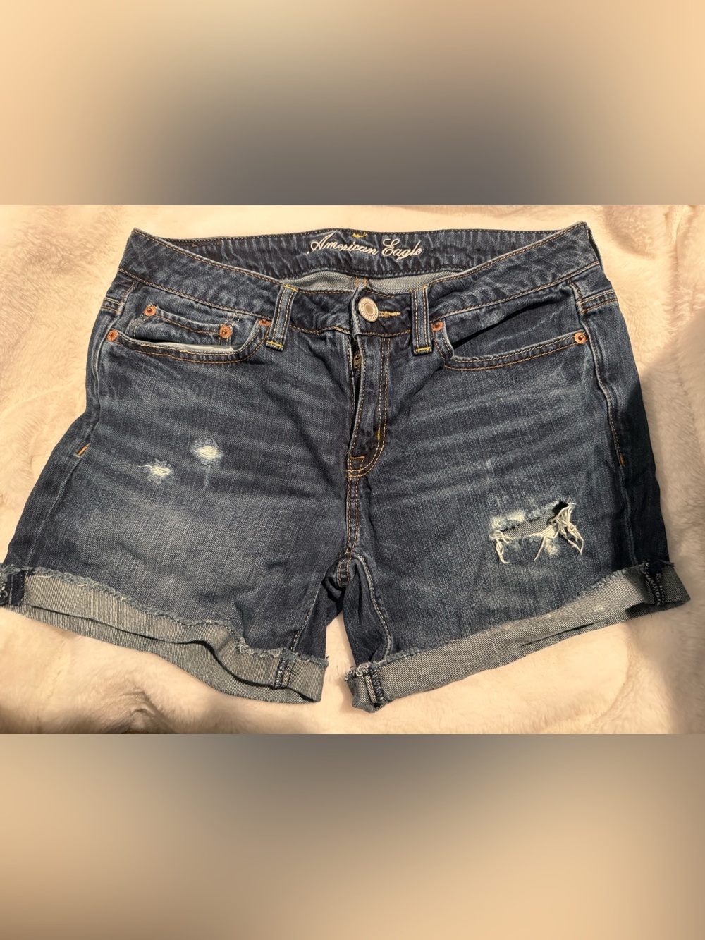 American Eagle Outfitters Dark Blue Distressed Cuffed Denim Shorts